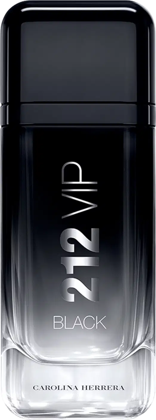 Frasco preto e transparente do perfume masculino 212 VIP Black da Carolina Herrera, com o nome do produto e da marca em destaque.