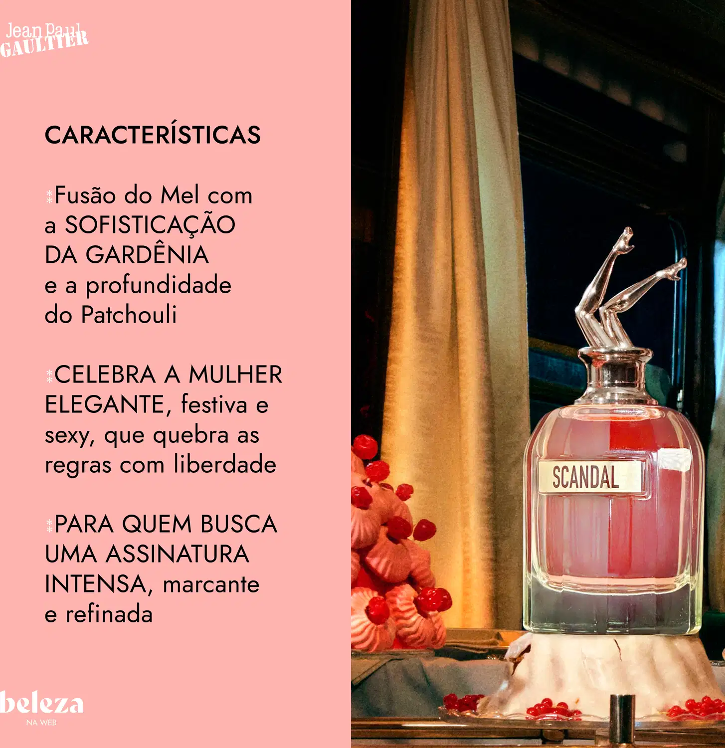 Frasco de vidro com tampa dourada contendo item de perfumaria da marca Jean Paul Gaultier, com nome "Scandal" em destaque.