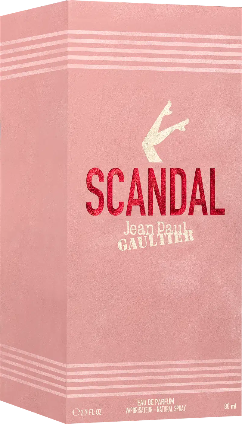 Frasco de perfume da marca Jean Paul Gaultier, com design elegante e moderno. Embalagem de vidro com tonalidades de rosa, com o nome "Scandal" destacado em letras brancas.