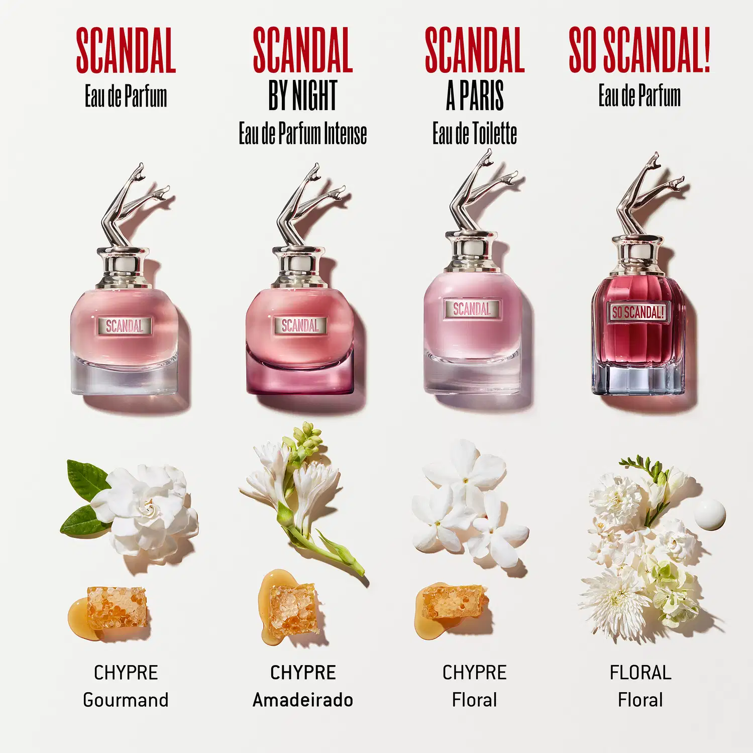 Quatro frascos de perfumes da linha Scandal da Jean Paul Gaultier, com diferentes variações como Eau de Parfum, Eau de Toilette e Eau de Parfum Intense. Os frascos possuem design elegante e moderno, com cores predominantes de rosa e vermelho.