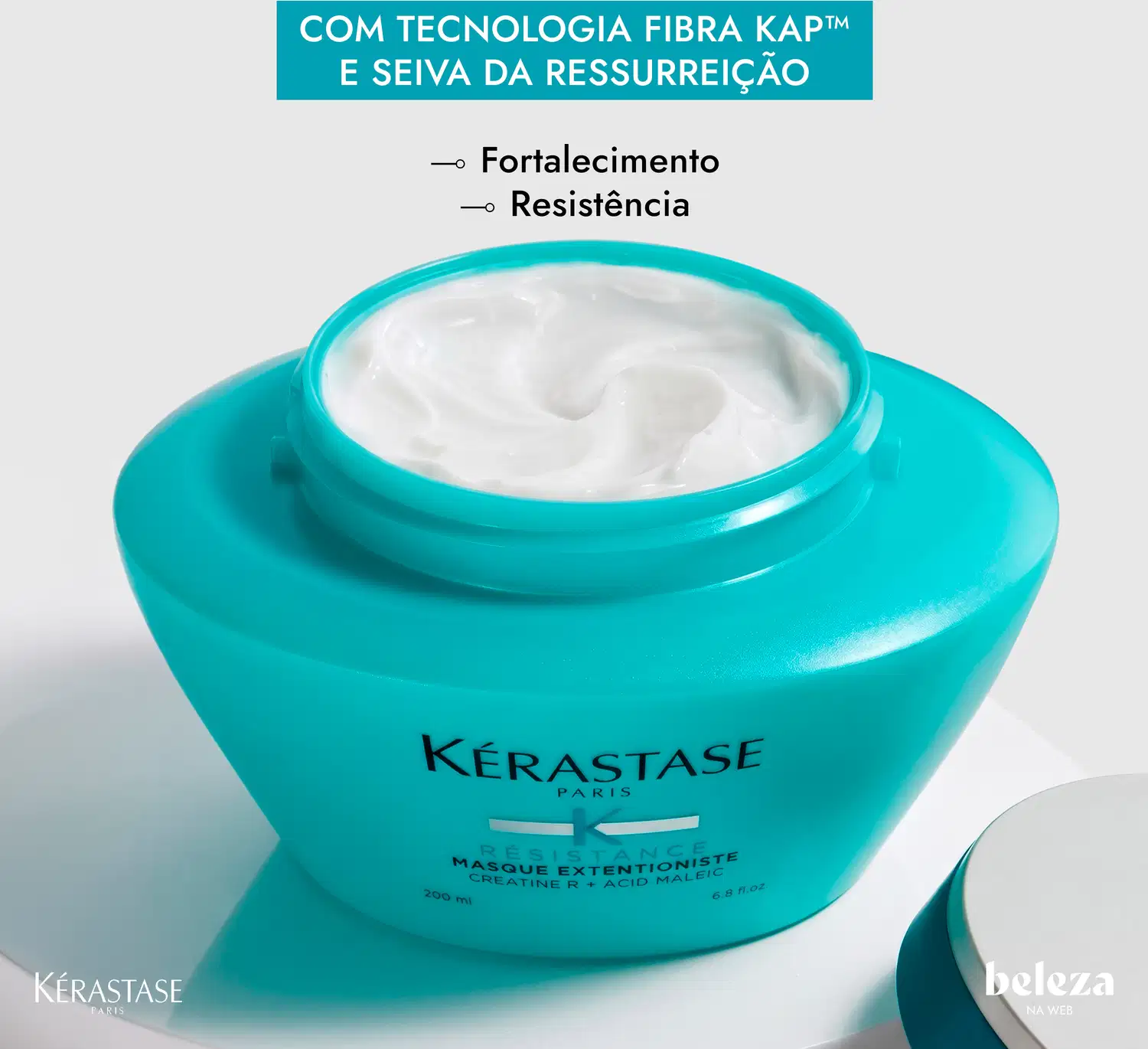 Frasco de máscara terapêutica da linha Resistance da Kérastase com textura cremosa e cor azul turquesa, contendo texto "COM TECNOLOGIA FIBRA KAP E SEIVA DA RESSURREIÇÃO". "Fortalecimento" e "Resistência".