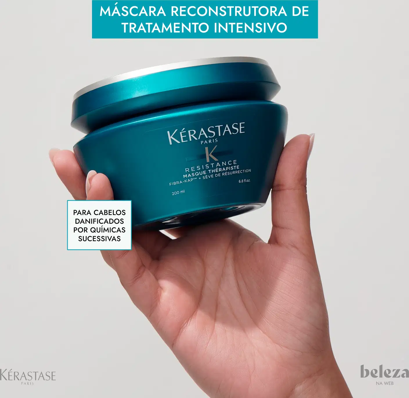 Frasco de máscara terapêutica da linha Resistance da Kérastase, com texto "Máscara Reconstrutora de Tratamento Intensivo". "Para cabelos danificados por químicas sucessivas".