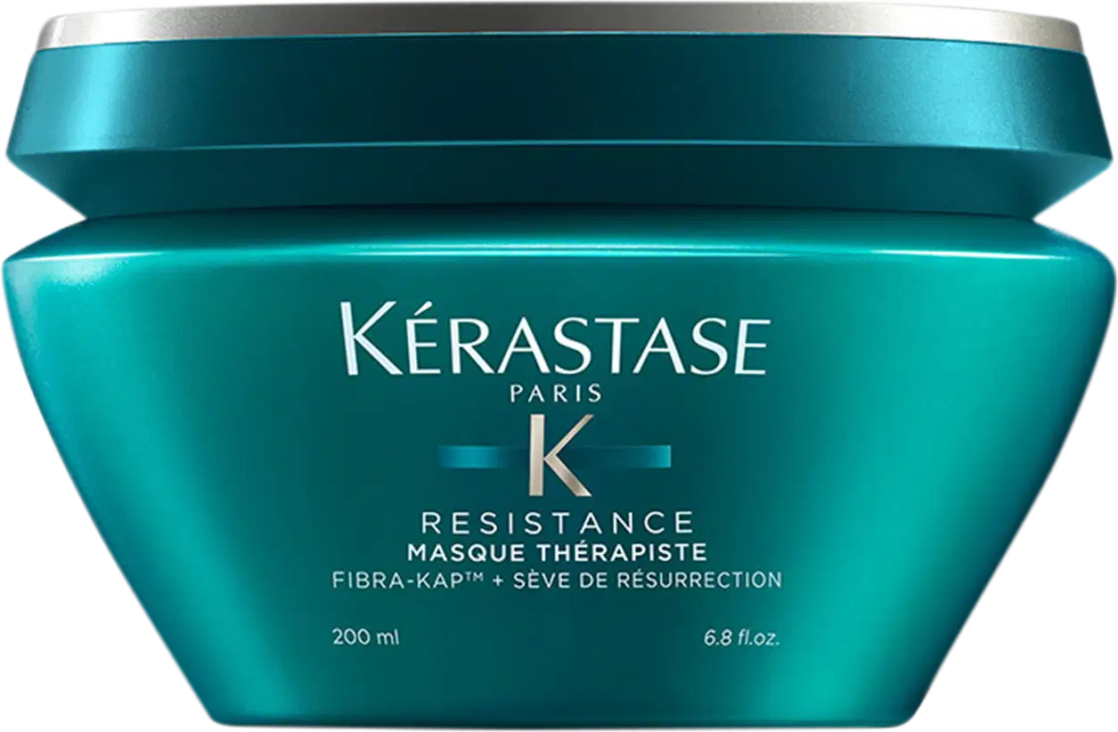 Frasco de máscara terapêutica da linha Resistance da Kérastase, com embalagem em tons de azul e verde, contendo 200 ml do produto.