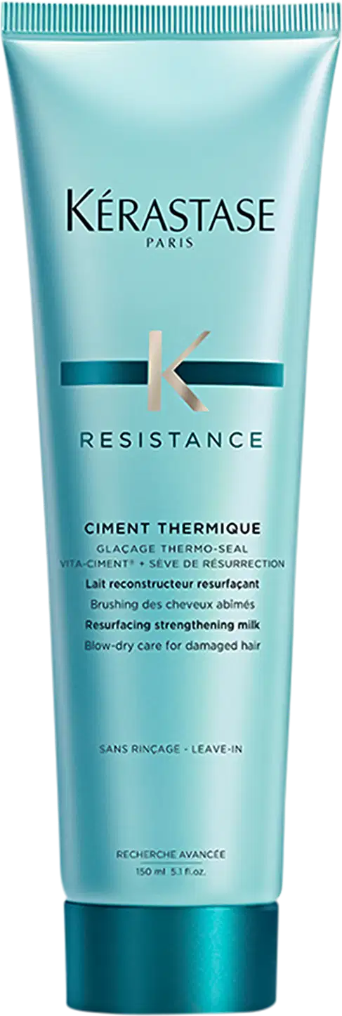 Tubo de tratamento capilar Kérastase Resistance Ciment Thermique, com embalagem de cor azul-esverdeada, contendo informações sobre o produto em inglês e francês.