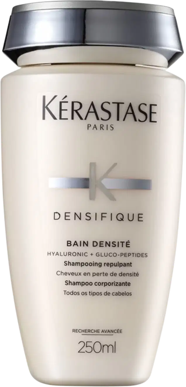 Frasco de shampoo Kérastase Densifique Bain Densite, com 250ml de capacidade, em embalagem branca e prata, com rótulo destacando os ingredientes-chave de ácido hialurônico e gluco-peptídeos.