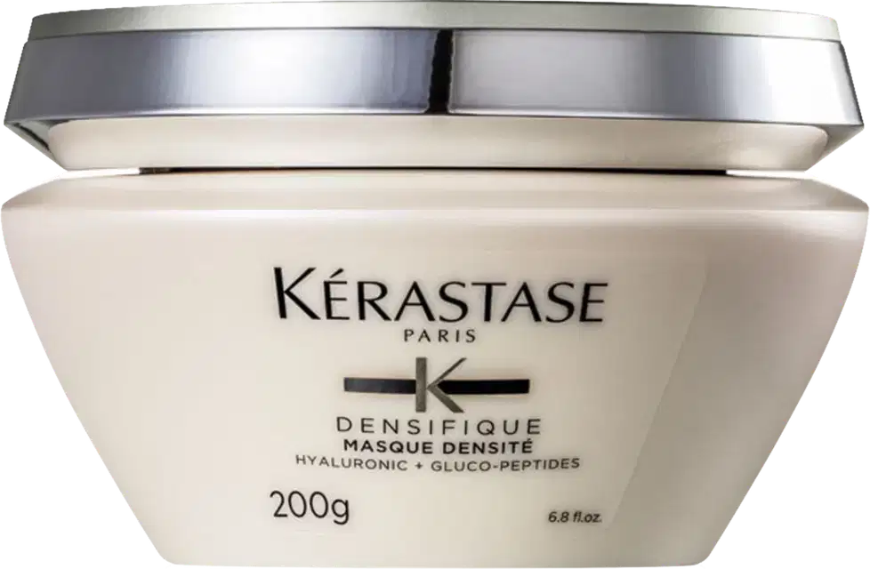 Embalagem branca e prata de máscara capilar Kérastase Densifique, com 200g de produto. Rótulo com nome da marca e informações sobre os ingredientes.