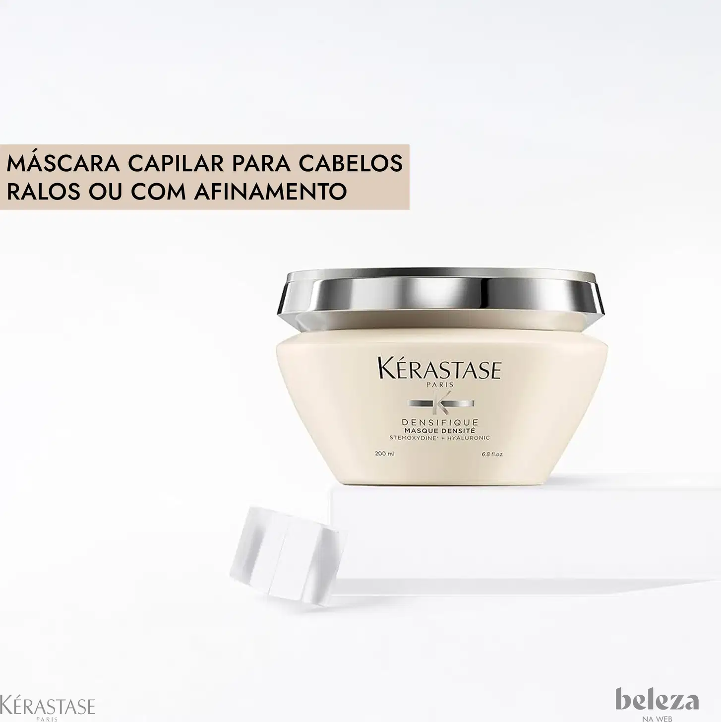 Embalagem branca e prata de máscara capilar Kérastase Densifique, com 200g de produto. Rótulo com nome da marca e informações sobre os ingredientes.