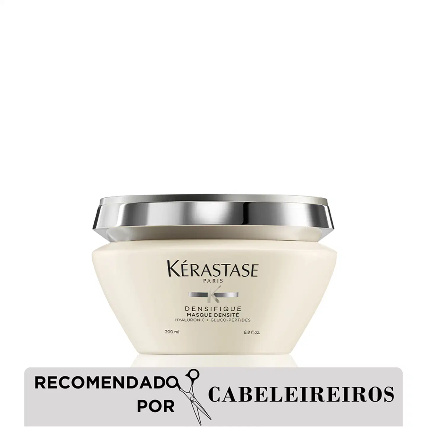 Embalagem branca e prata de máscara capilar Kérastase Densifique, com 200g de produto. Rótulo com nome da marca e informações sobre os ingredientes.