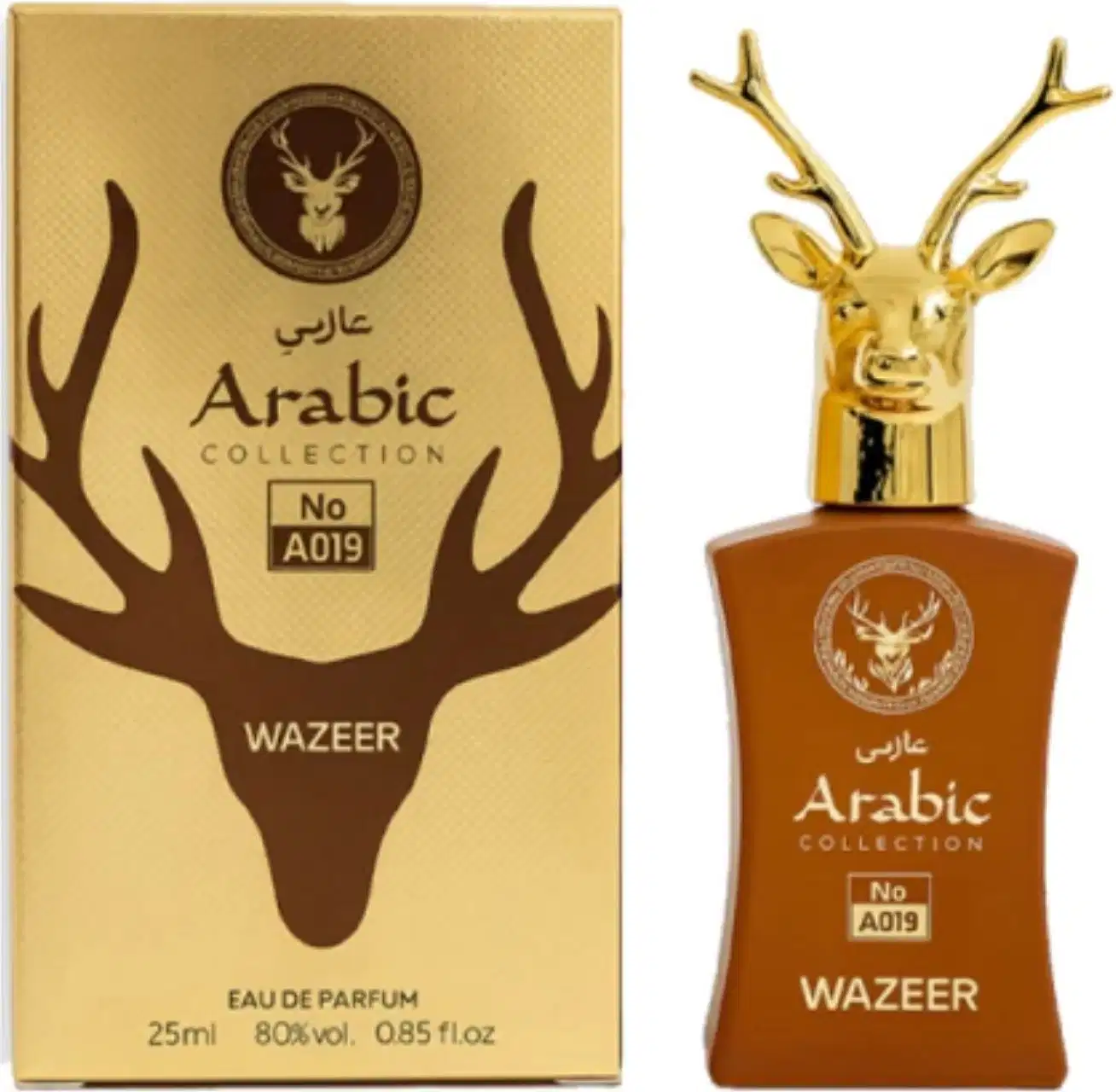 Frasco de perfume da coleção árabe da Lattafa Perfumes, com 25ml de volume, embalado em caixa dourada com imagem de um veado. O frasco possui um design dourado com detalhes em relevo e um bico em forma de chifre de veado.