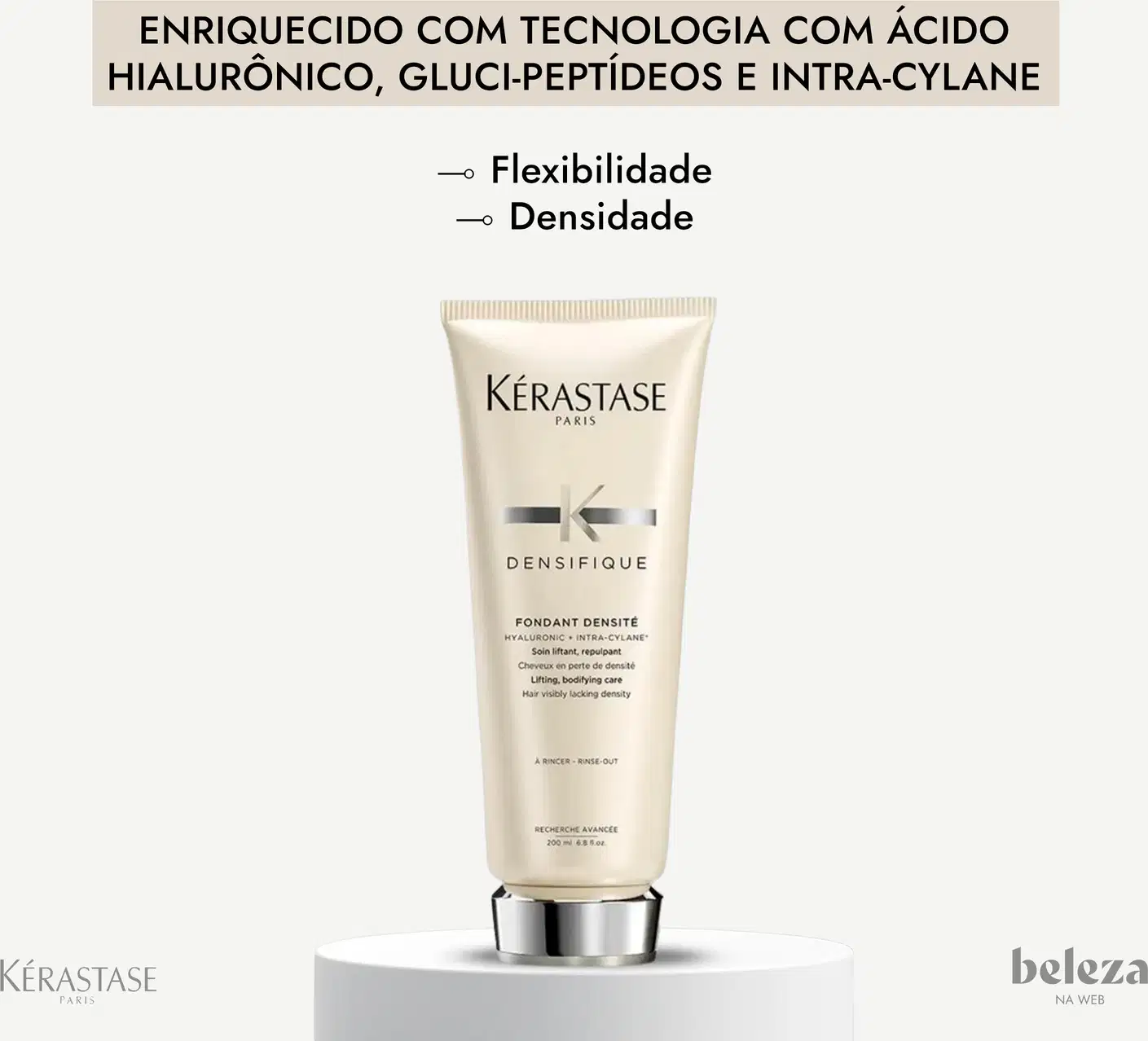 Embalagem de produto para cabelos da marca Kérastase com texto "Enriquecido com tecnologia com ácido hialurônico, glúci-peptídeos e intra-cylane" e "Flexibilidade, Densidade".