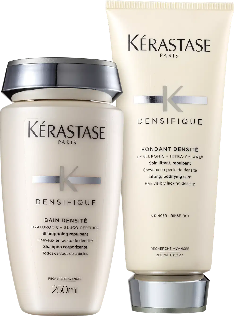 Dois produtos da marca Kérastase Paris: um frasco de Bain Densité, shampoo para cabelos com perda de densidade, e um tubo de Fondant Densité, tratamento lifting e reparador para cabelos com densidade reduzida.