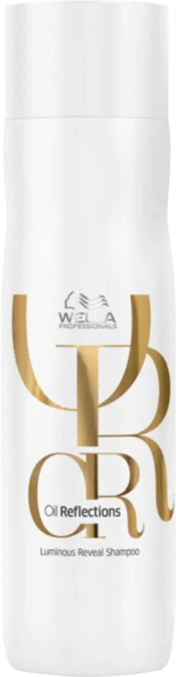 Frasco branco de shampoo da linha Oil Reflections da Wella Professionals, com rótulo dourado destacando o nome do produto "Luminous Reveal Shampoo".