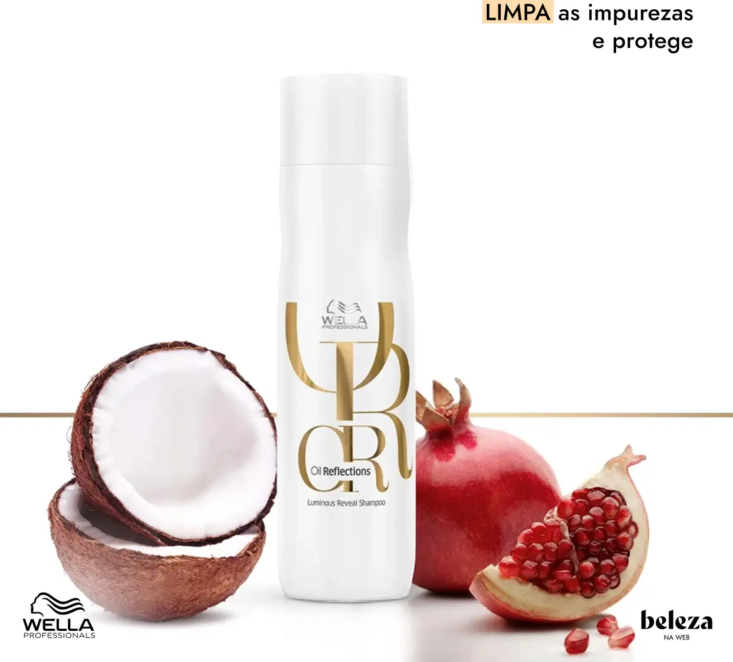 Frasco branco de shampoo da linha Wella Reflections, com rótulo dourado. Ao lado, uma romã vermelha e uma metade de coco branco, indicando os ingredientes naturais do produto.
