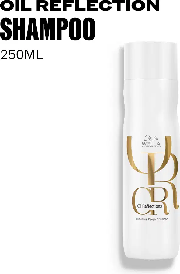 Frasco branco de 250 ml de Shampoo Oil Reflection da linha Wella Professionals, com rótulo em preto e dourado destacando o nome do produto e a marca.