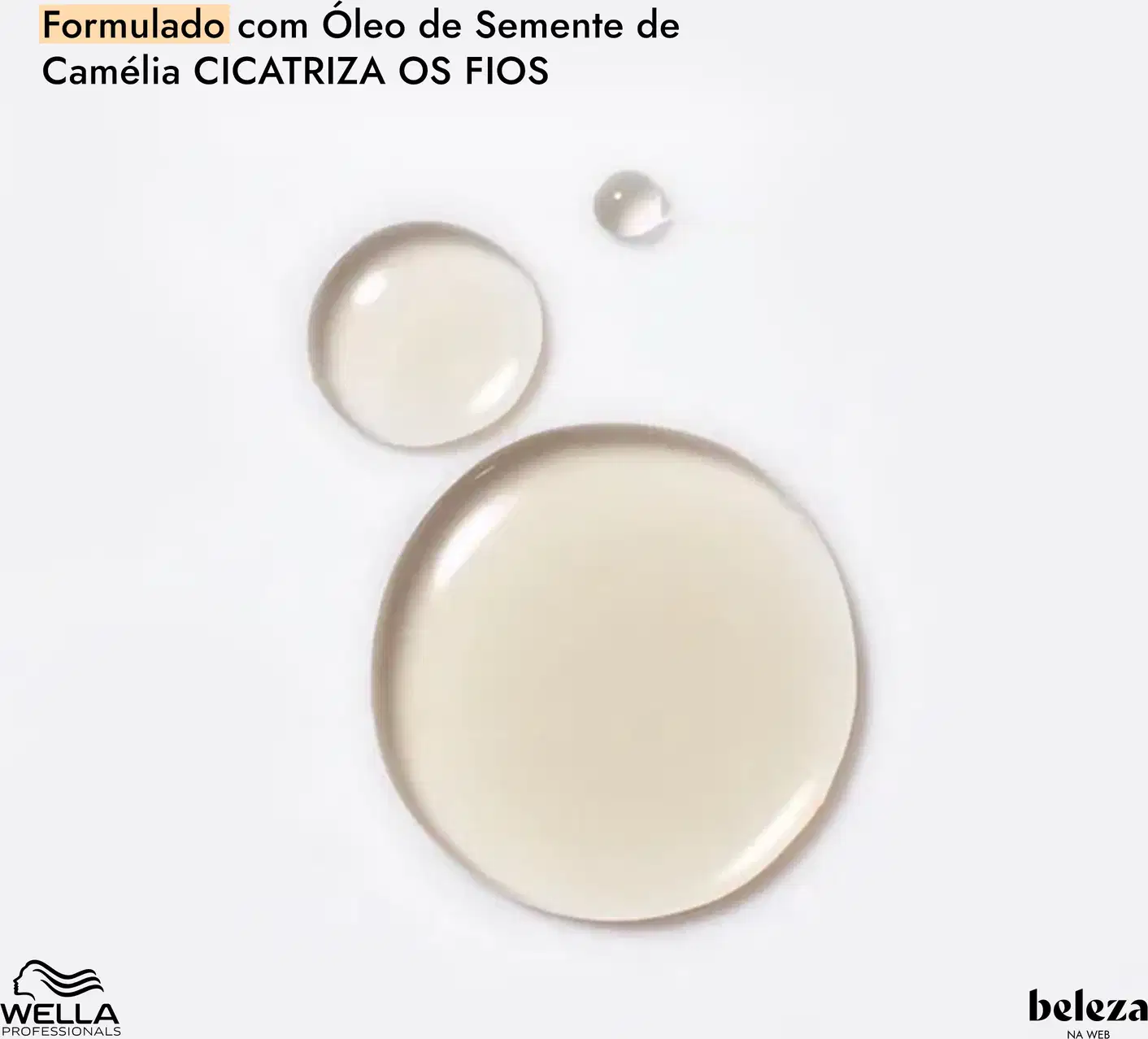 Produto formulado com óleo de semente de camelia, que cicatriza os fios, em embalagem com design minimalista e cores claras, da marca Wella Professionals.