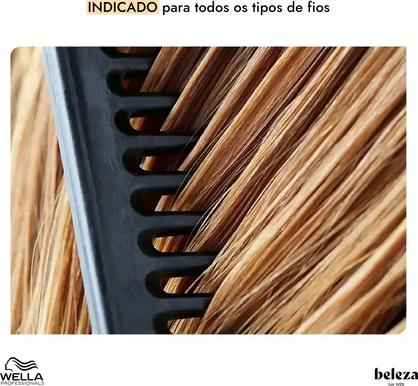 O produto apresentado é um indicador para diferentes tipos de cabelos, com uma imagem mostrando mechas de cabelo em tons de loiro e castanho. O texto indica que o produto é da marca Wella Professionals.