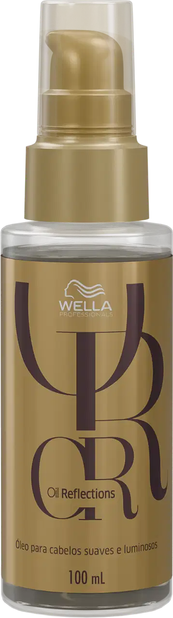 Frasco de óleo para cabelos da linha Oil Reflections da Wella Professionals, com embalagem dourada e prata, contendo 100 ml do produto.
