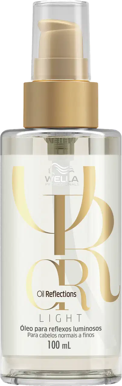 Frasco de óleo Oil Reflections Light da Wella Professionals. Embalagem transparente com tampa dourada, contendo 100 ml do produto.