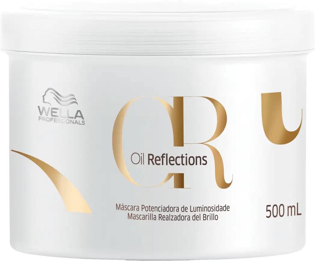 Pote branco com rótulo dourado e preto da linha Oil Reflections da Wella Professionals, contendo 500 ml de máscara potencializadora de luminosidade.