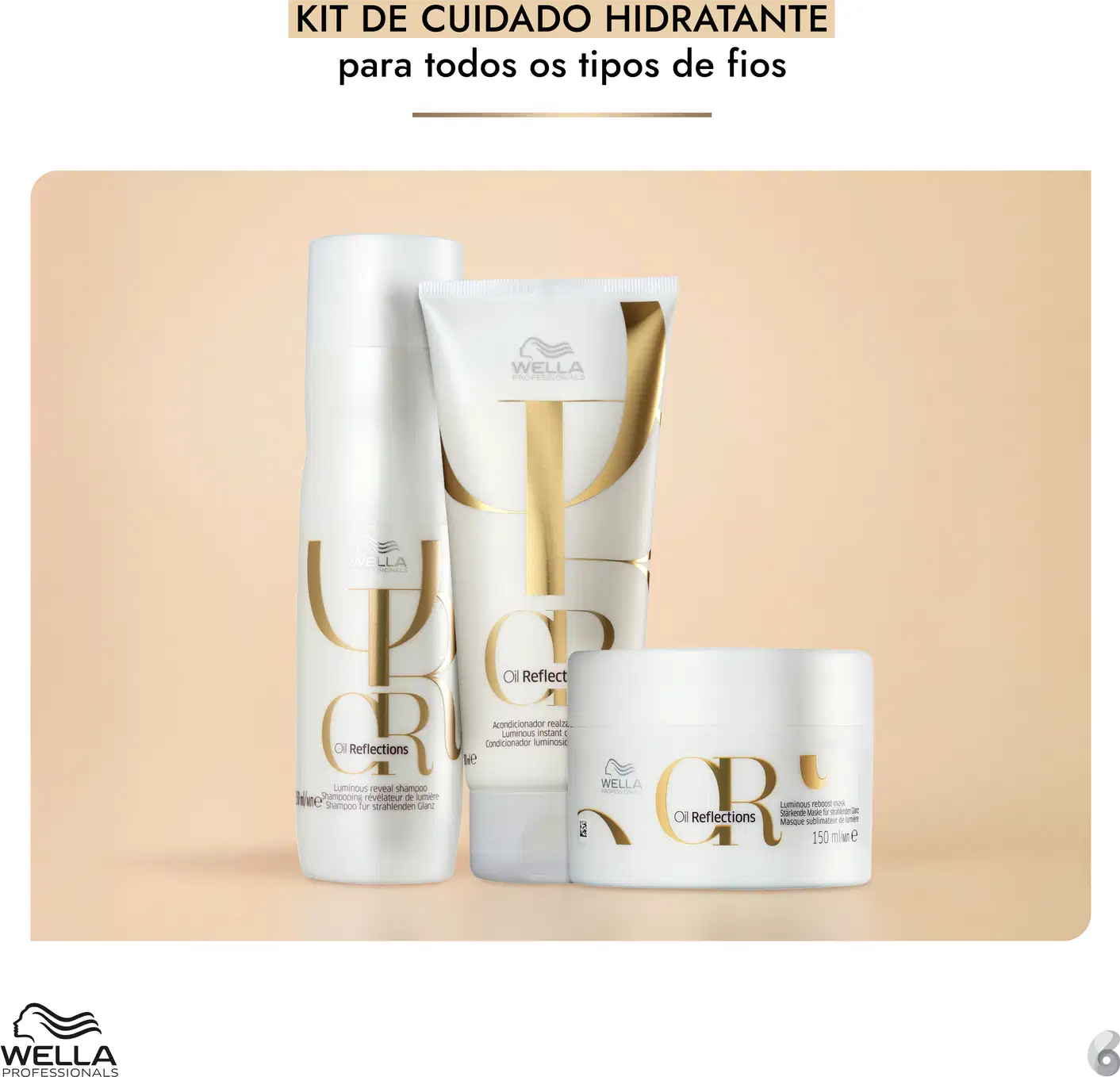 Produtos da linha Oil Reflections da Wella Professionals, incluindo shampoo, condicionador e máscara, em embalagens brancas com detalhes dourados, exibindo o logotipo da marca.
