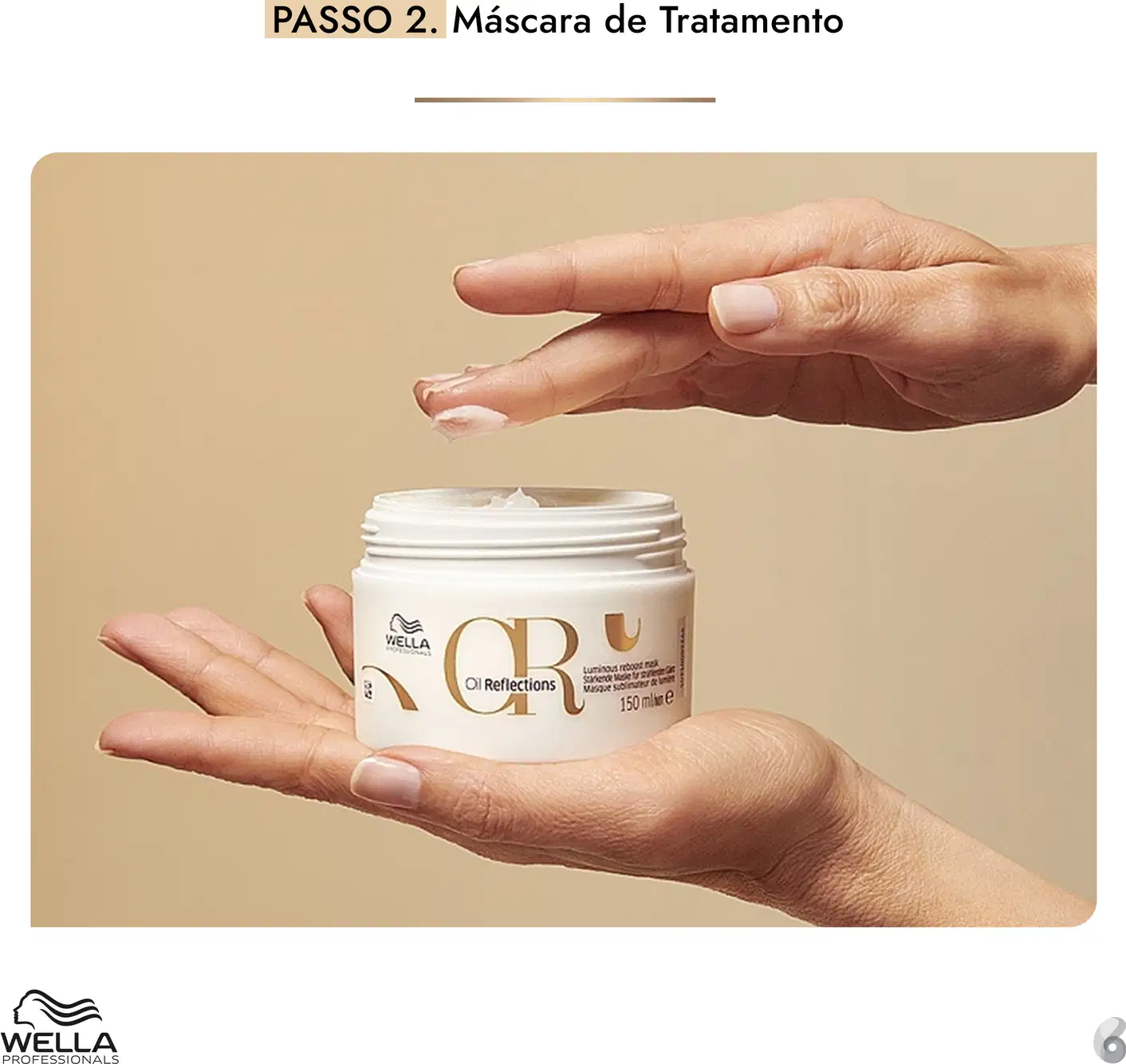 Trata-se de um pote de máscara de tratamento da linha Wella Professionals Oil Reflections, com embalagem branca e rótulo dourado, contendo 150 ml do produto.