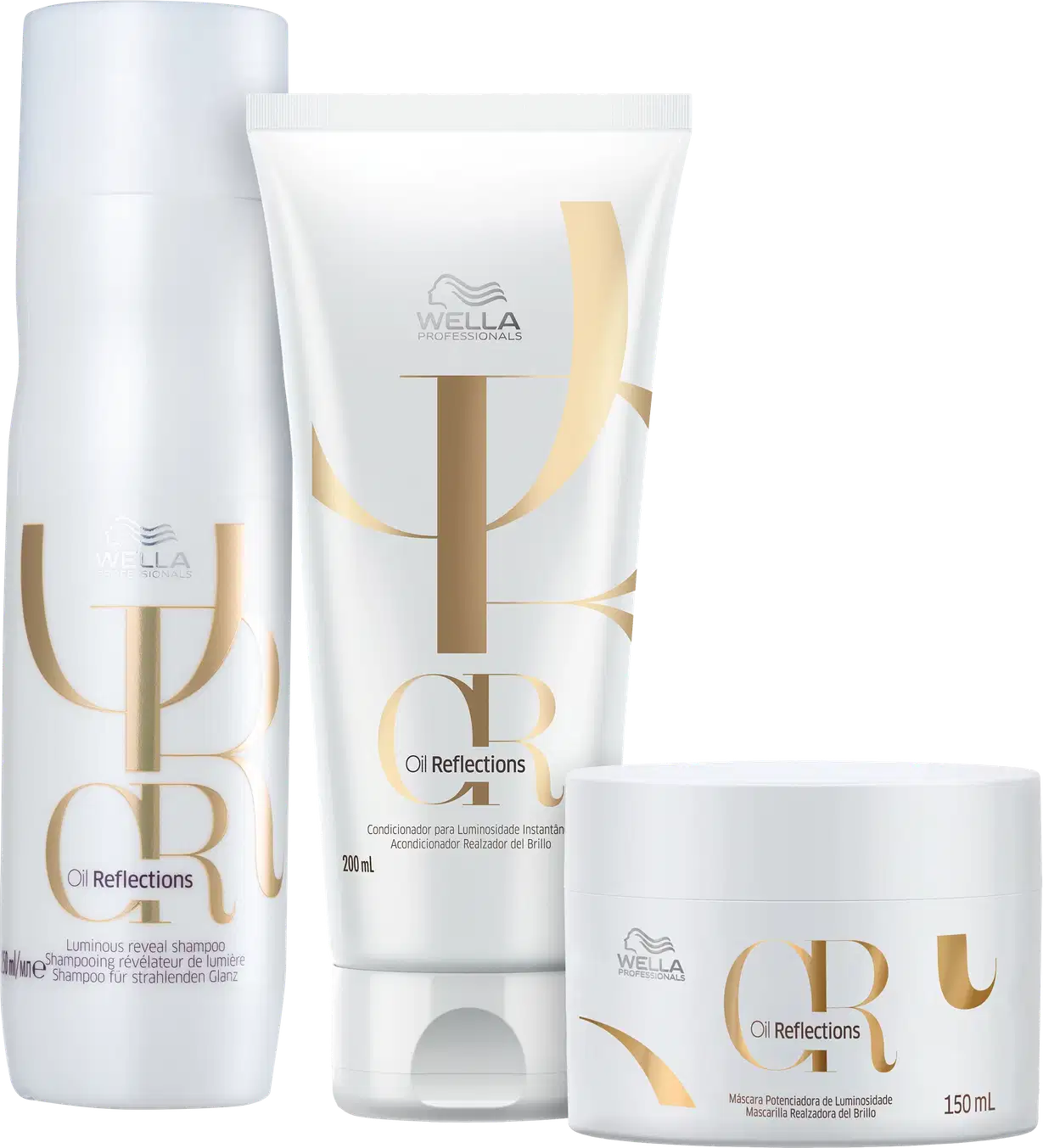 Produtos da linha Oil Reflections da Wella Professionals, incluindo shampoo, condicionador e máscara, em embalagens brancas com detalhes dourados, exibindo o logotipo da marca.