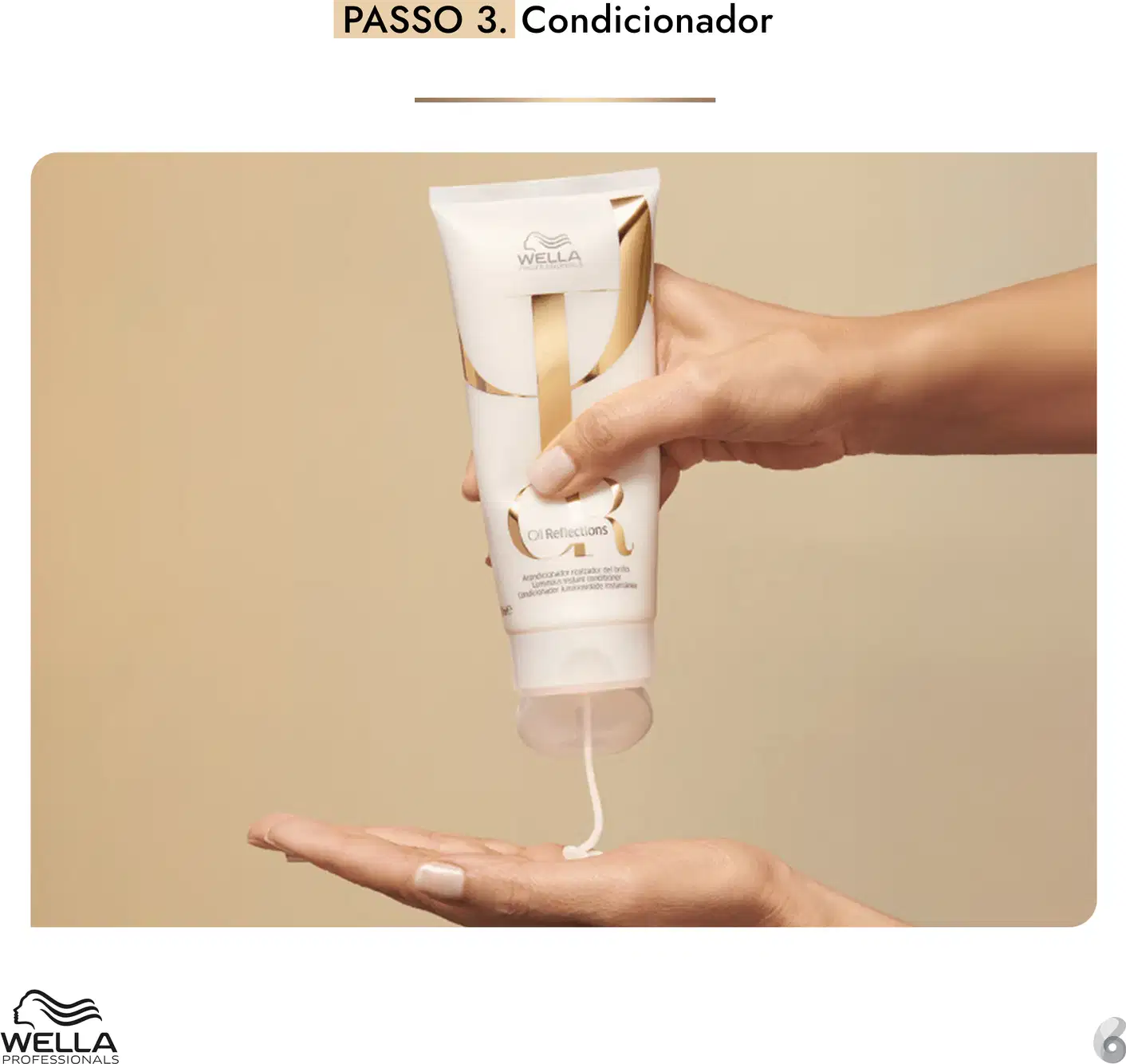Tubo de condicionador da Wella Professionals, com embalagem branca e dourada, sendo aplicado na mão de uma pessoa.