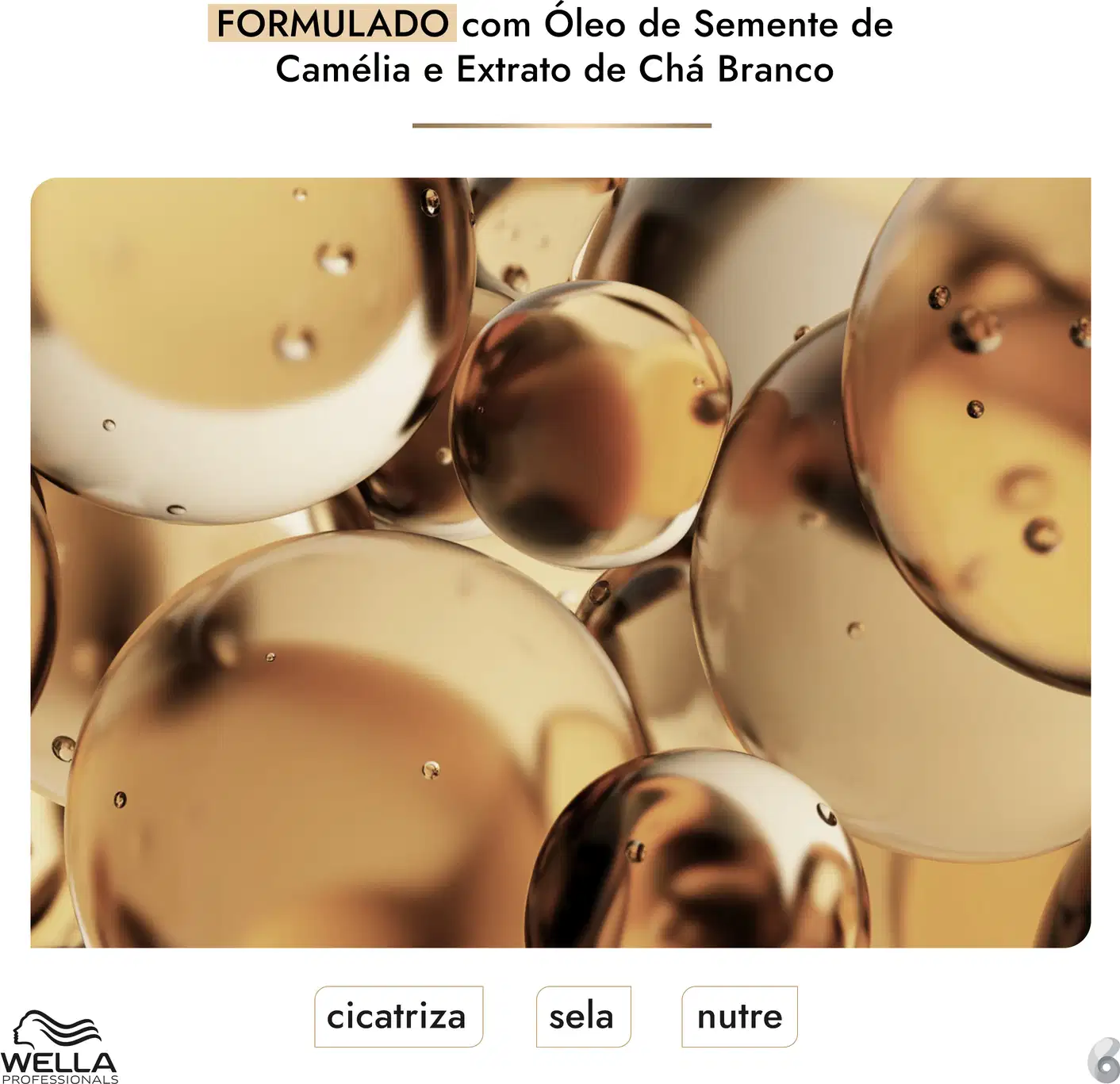 Ambiente de produtos de beleza da marca Wella Professionals, com frascos de óleo de semente de camelia e extrato de chá branco em primeiro plano, em tons dourados e marrons, sugerindo um contexto de cuidados e tratamento capilar.