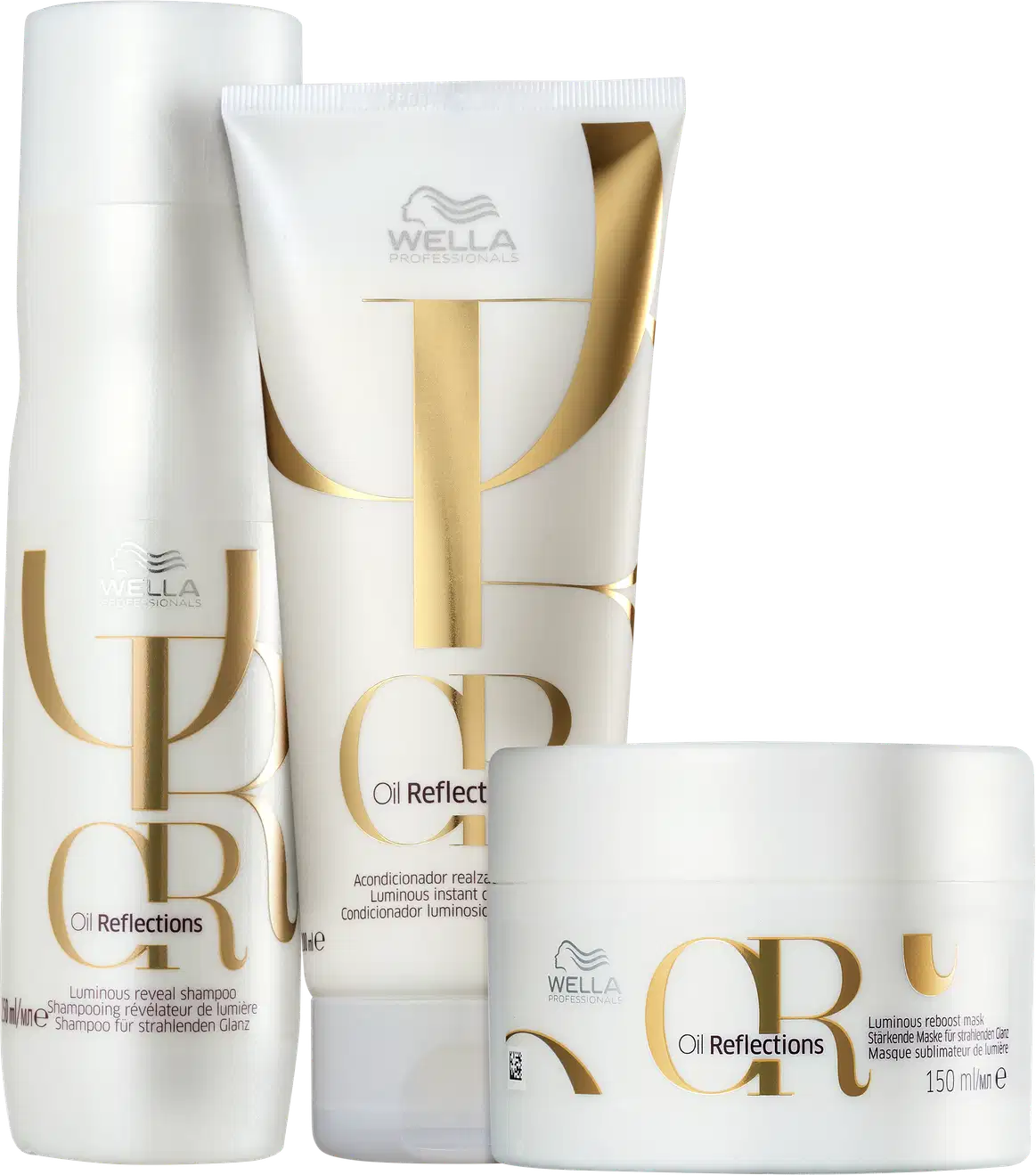 Produtos da linha Oil Reflections da Wella Professionals, incluindo shampoo, condicionador e máscara, em embalagens brancas com detalhes dourados, exibindo o logotipo da marca.