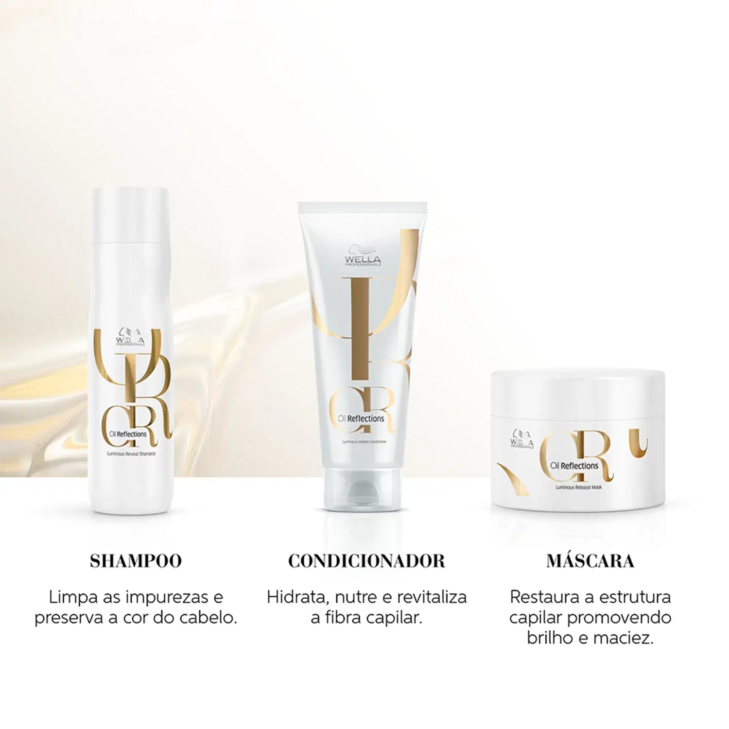 Produtos da linha Oil Reflections da Wella Professionals, incluindo shampoo, condicionador e máscara, em embalagens brancas com detalhes dourados, exibindo o logotipo da marca.