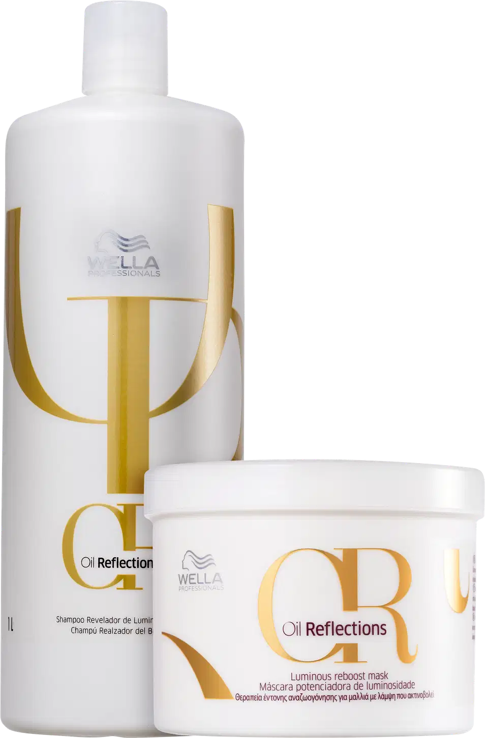 Dois produtos da linha Oil Reflections da Wella Professionals: um frasco branco de 1 litro de shampoo e um pote branco de máscara potencializadora de luminosidade. Ambos apresentam detalhes em dourado no rótulo.