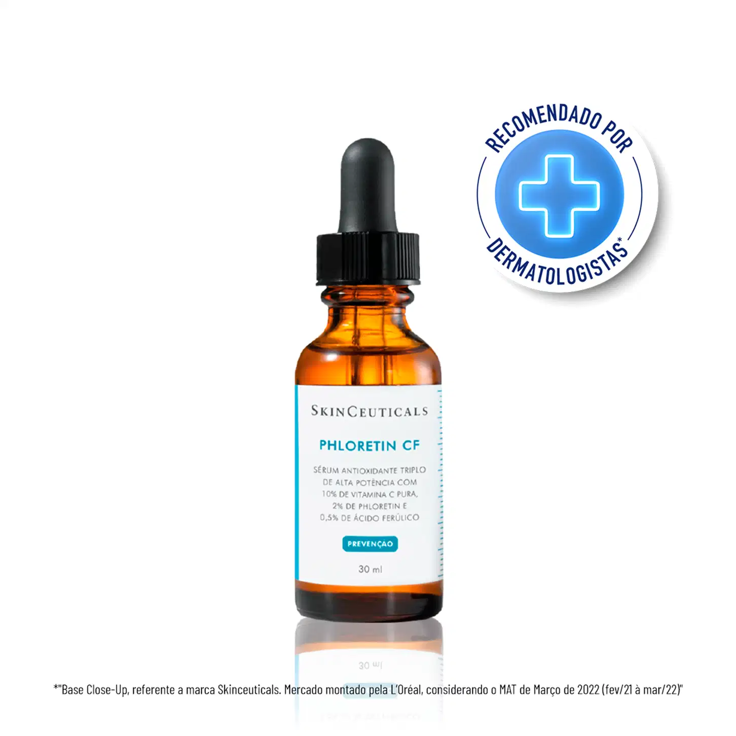 Frasco de vidro âmbar com conta-gotas preto contendo o sérum antioxidante Phoretin CF da SkinCeuticals, com 10% de vitamina C pura, 2% de fhoretin e 0,5% de ácido ferúlico, recomendado por dermatologistas.