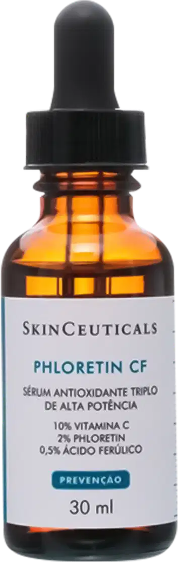 Frasco de vidro âmbar com conta-gotas preto contendo sérum antioxidante Phoretin CF da SkinCeuticals, com 10% de vitamina C, 2% de fórmula de alta potência.