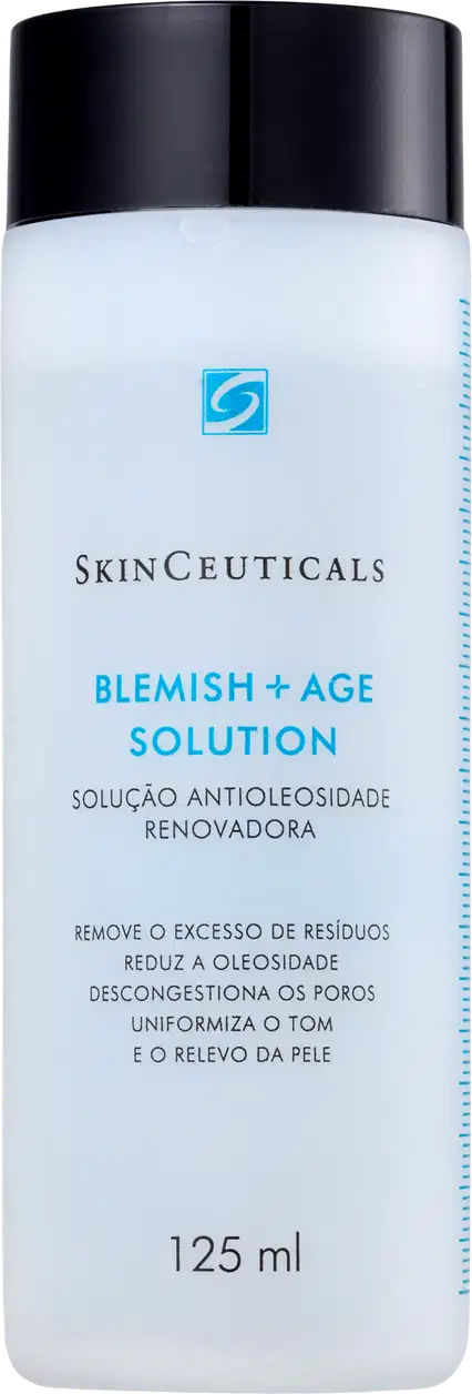 Frasco branco da linha SkinCeuticals Blemish + Age Solution, com rótulo azul e texto em inglês. Produto de 125 ml, destinado a solução antioleosidade, com fórmula renovadora.