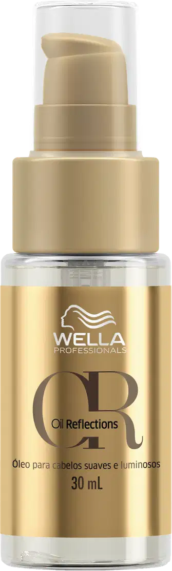 Frasco de óleo Oil Reflections da Wella Professionals, com embalagem dourada e branca, contendo 30 ml do produto.