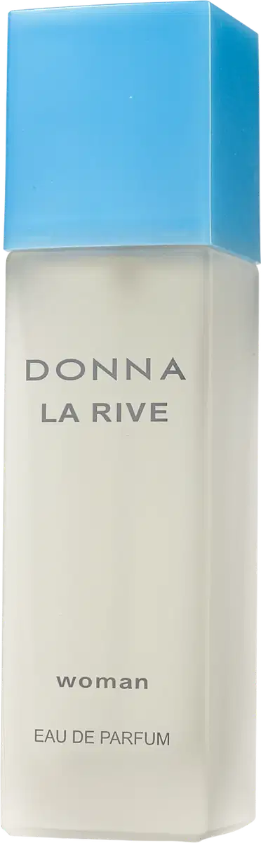 Frasco de perfume da marca La Rive, com embalagem azul e branca, contendo o texto "DONNA LA RIVE" e "woman" em destaque. O produto é apresentado em um formato retangular simples e elegante.