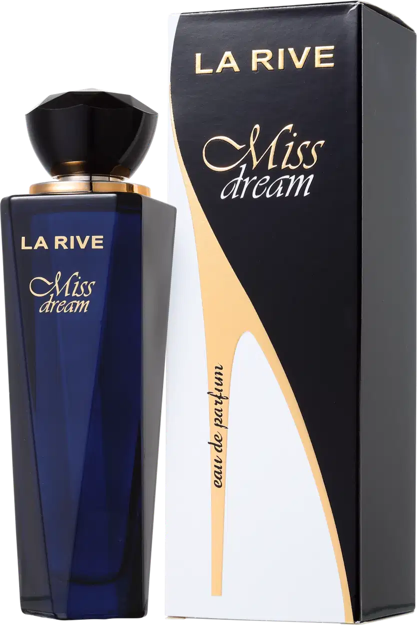 Perfume La Rive Miss Dream. Frasco de vidro azul escuro com tampa preta. Caixa retangular preta com detalhes dourados e o nome do perfume em letras cursivas brancas e douradas. Embalagem elegante e sofisticada com cores escuras e metálicas.