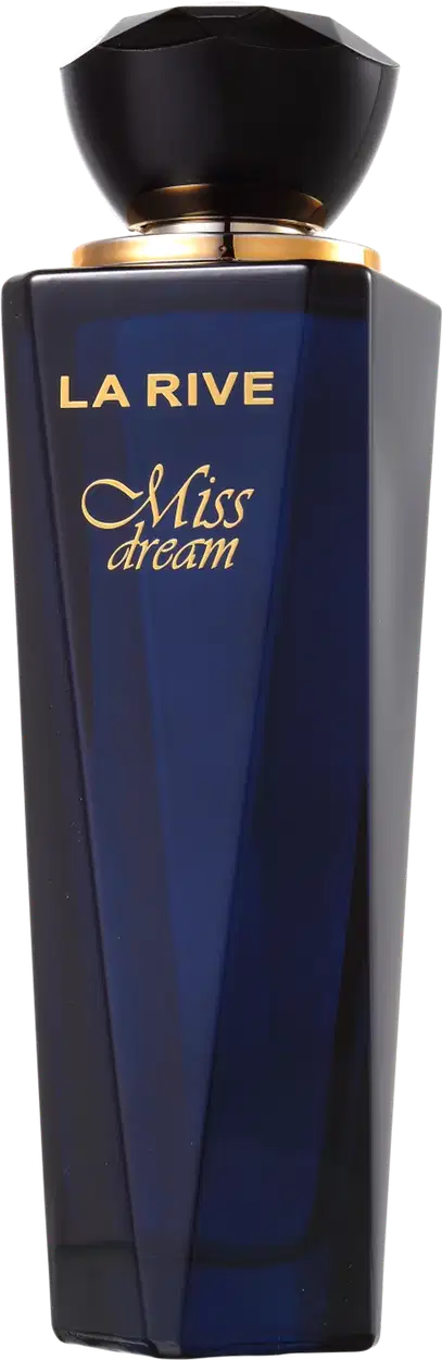 Perfume em frasco de vidro azul escuro com tampa preta. A embalagem tem formato retangular alongado. Na parte frontal do frasco, está escrito "La Rive" em letras douradas e "Miss dream" em letras cursivas douradas abaixo.