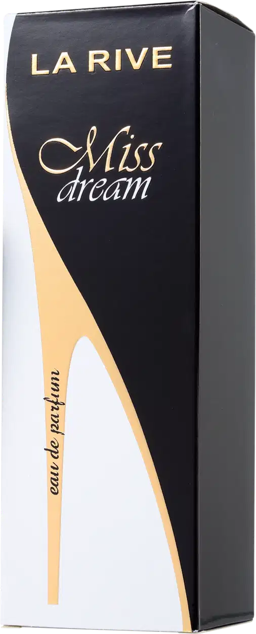 Caixa retangular preta para perfume Miss Dream da marca La Rive. O design é minimalista, com foco nos elementos textuais e no contraste entre as cores preta, dourada e bege.