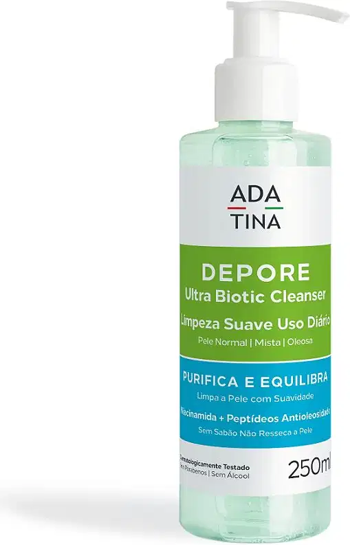 Frasco de limpeza facial da marca Adatina, com bomba dosadora, em tonalidade verde clara. O rótulo indica que se trata de um limpador ultra-biônico para pele normal a oleosa, com fórmula que purifica e equilibra a pele.