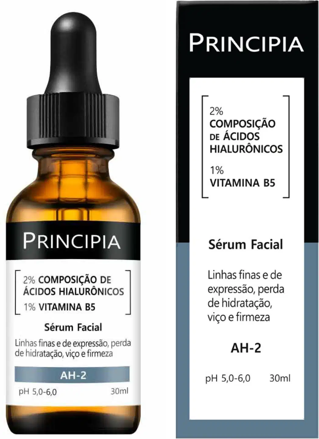 Frasco de vidro âmbar com conta-gotas preto contendo sérum facial Principia com 2% de ácidos hialurônicos e 1% de vitamina B5, indicado para linhas finas e perda de hidratação.