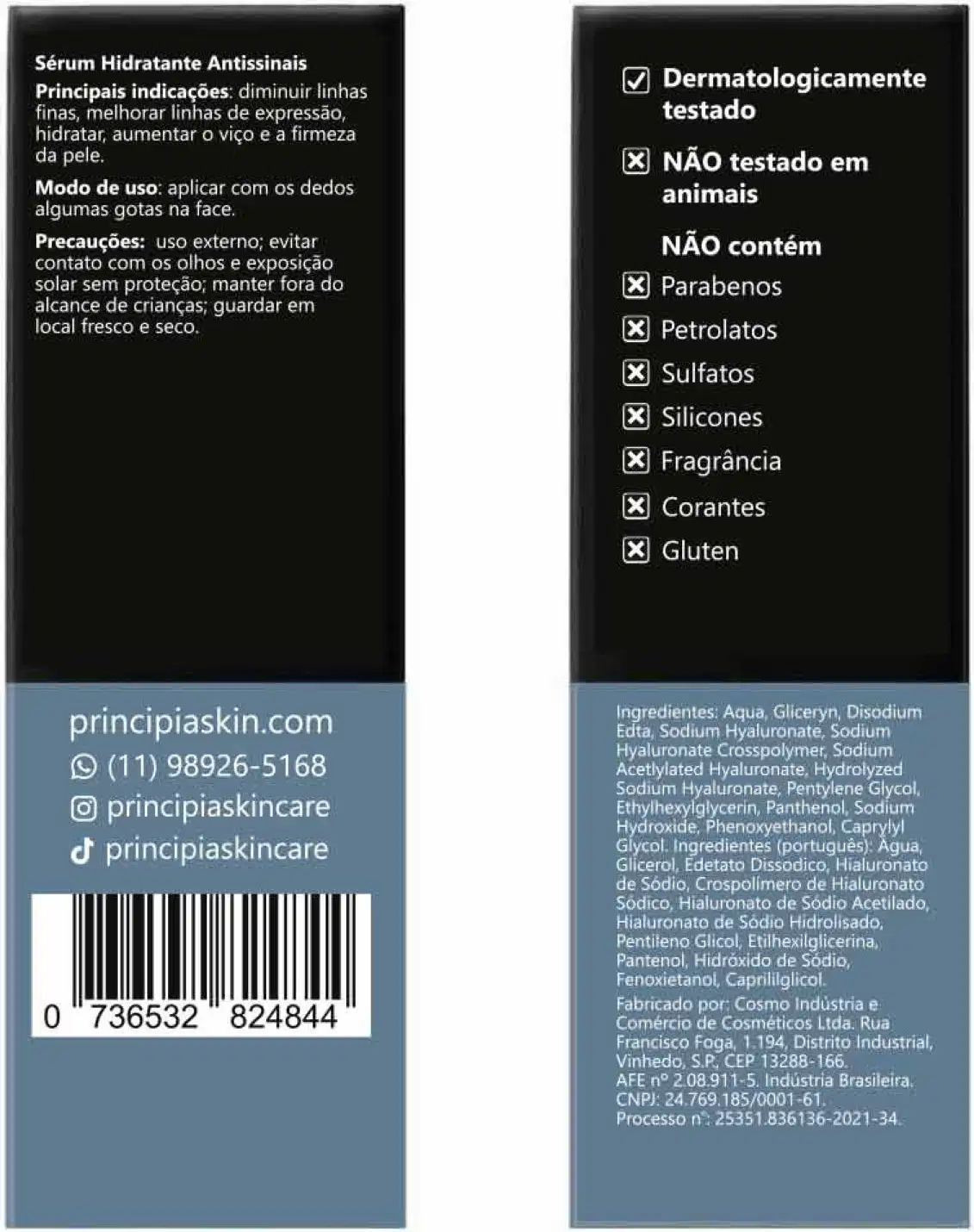 Frasco de vidro âmbar com conta-gotas preto contendo sérum facial Principia com 2% de ácidos hialurônicos e 1% de vitamina B5, indicado para linhas finas e perda de hidratação.