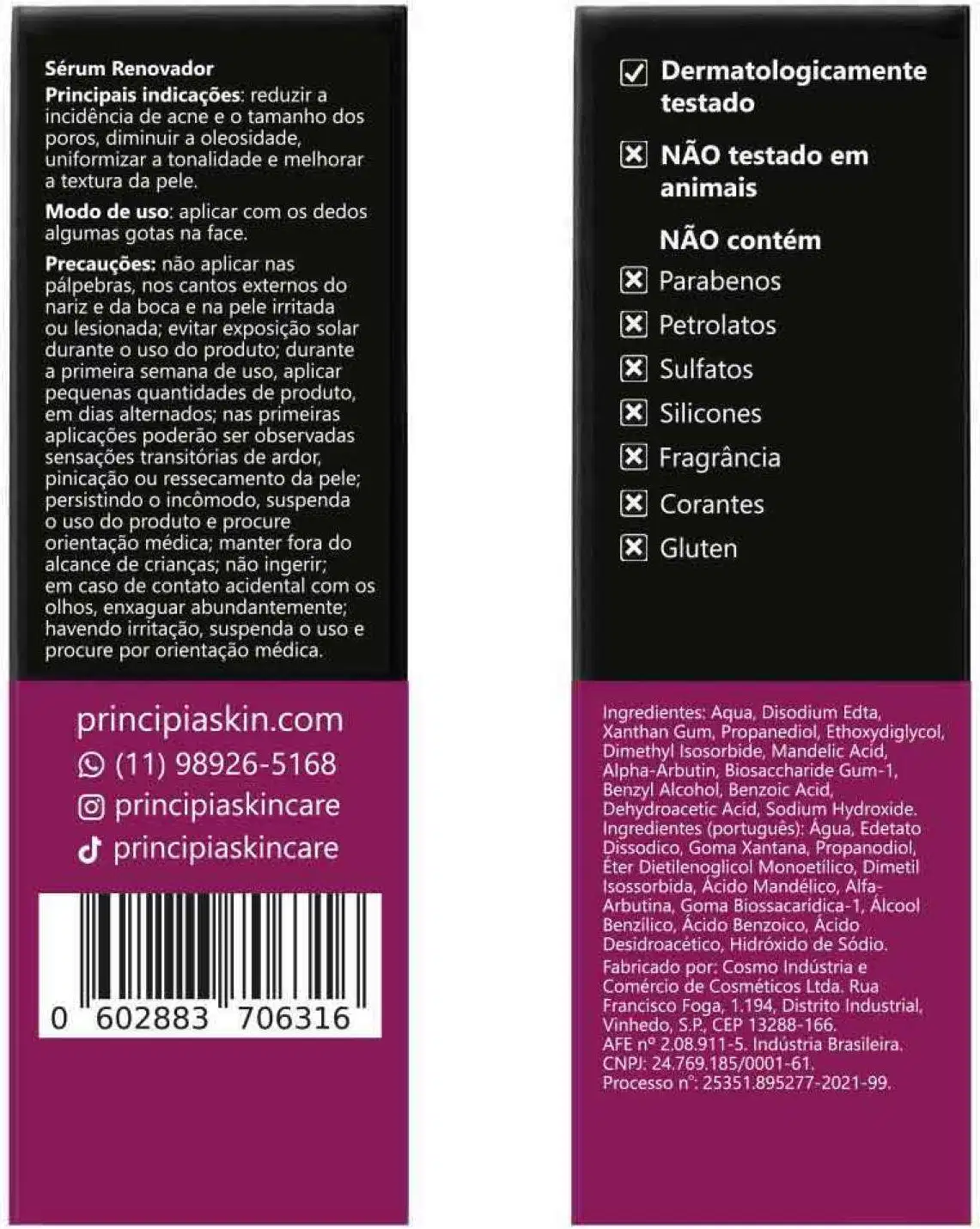Frasco de vidro âmbar com conta-gotas preto contendo sérum facial da marca Principia, com rótulo indicando 10% de ácido mandélico e 1% de alfa-arbutina, para tratamento de acne, oleosidade e poros dilatados.