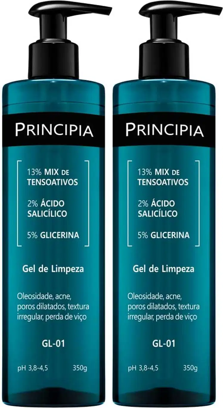 Dois frascos de gel de limpeza Principia, com 350g cada, em embalagem preta e azul-esverdeada. Apresentam rótulos com informações sobre a composição do produto, incluindo 13% de tensoativos, 2% de ácido salicílico e 5% de glicerina.