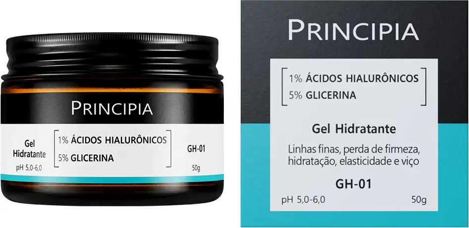 Gel hidratante Principia com 1% de ácidos hialurônicos e 5% de glicerina, em embalagem preta com rótulo azul e informações sobre o produto.