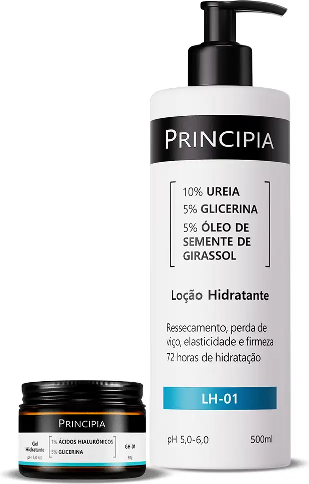 Dois produtos da marca Principia: um frasco de loção hidratante com 500ml e um pote de gel hidratante com 1% de ácidos hialurônicos e 5% de glicerina. Ambos os produtos apresentam embalagens com design minimalista em preto e branco.