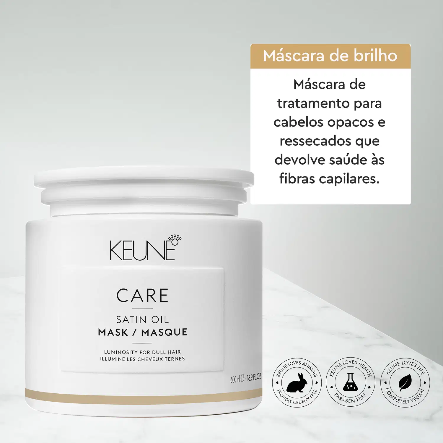 Embalagem branca de máscara de tratamento para cabelos opacos e ressecados da marca Keune, com rótulo em português indicando que o produto devolve saúde às fibras capilares.