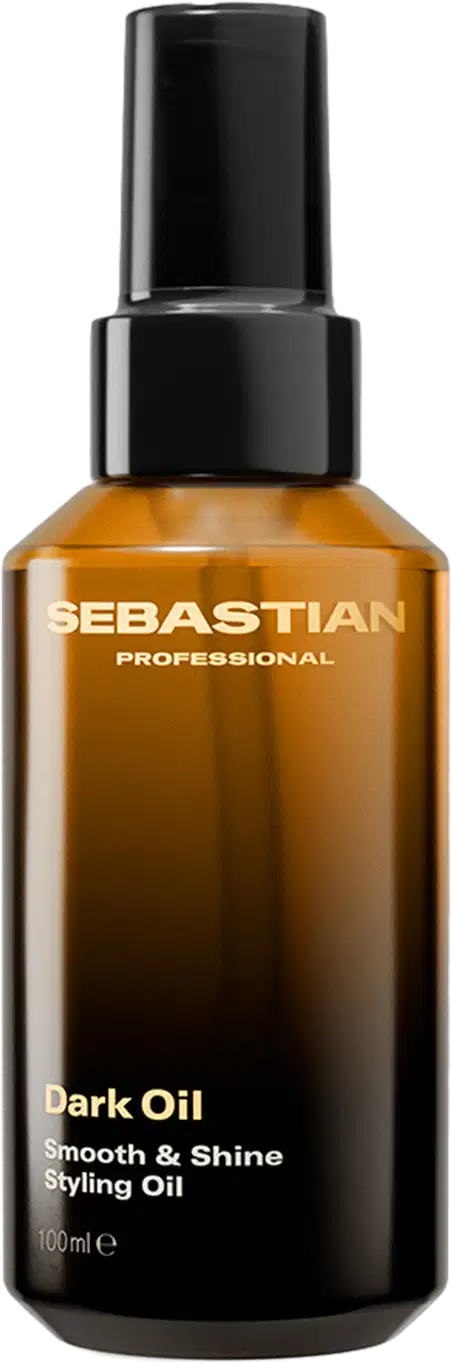 Frasco de óleo escuro da marca Sebastian Professional, com rótulo em preto e dourado, contendo "Dark Oil Smooth & Shine Styling Oil" como descrição do produto.