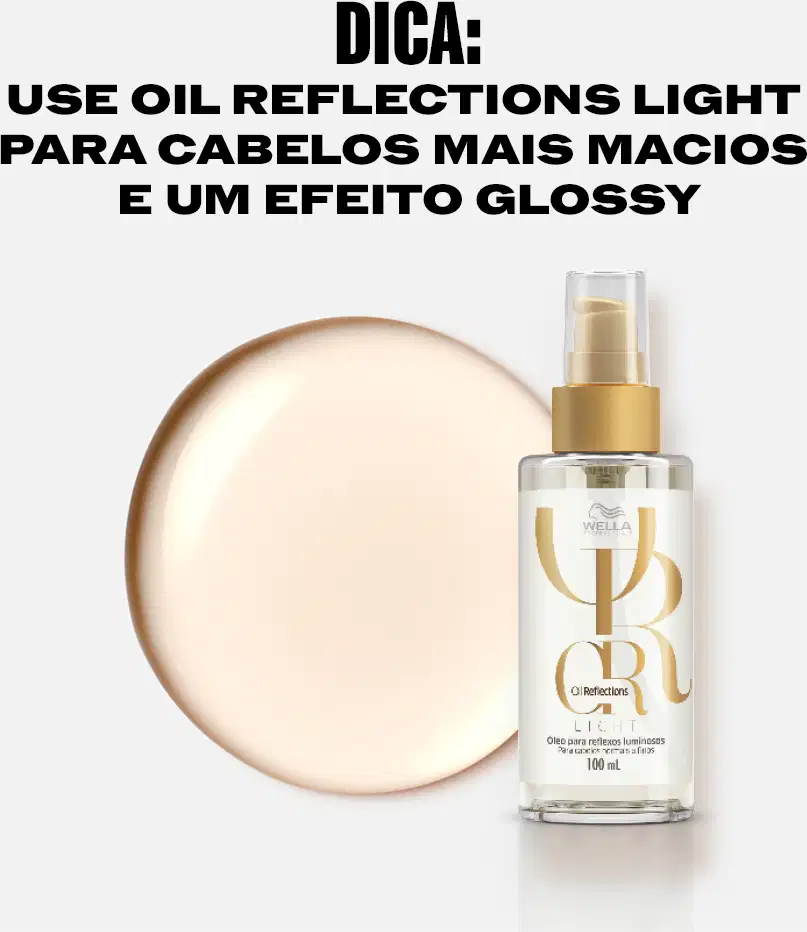 Frasco de 30 ml do produto Wella Professionals Oil Reflections Light, um óleo para reflexos luminosos, com embalagem em tons de bege e branco.