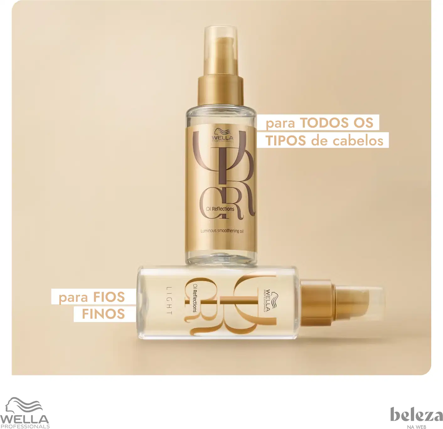 Frasco de 30 ml do produto Wella Professionals Oil Reflections Light, um óleo para reflexos luminosos, com embalagem em tons de bege e branco.